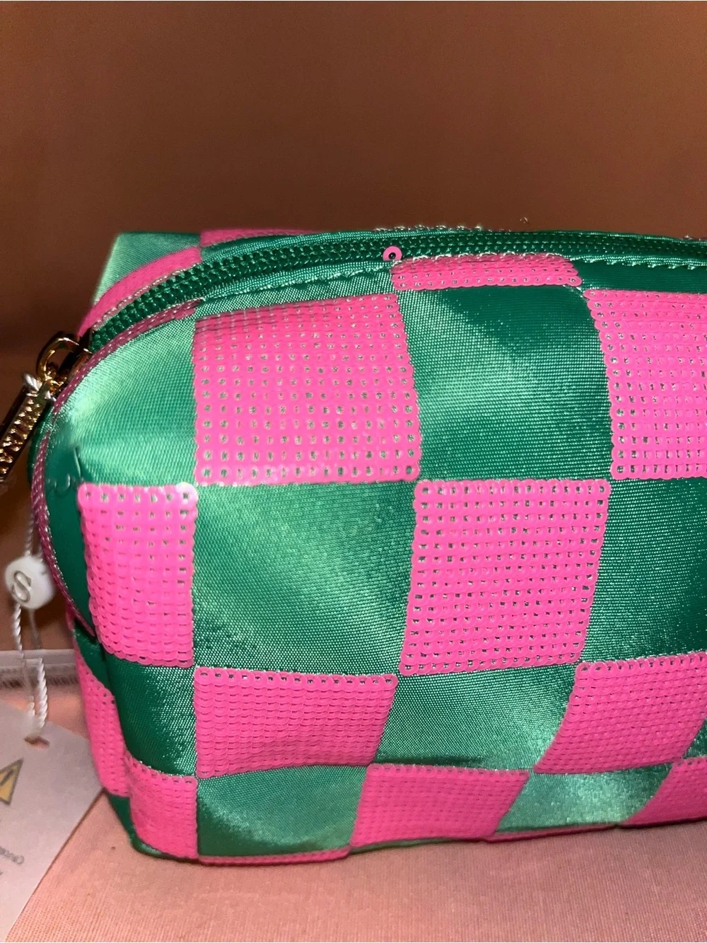 Shiraleah Pink & Green Checker Cosmetic Pouch AKA colors